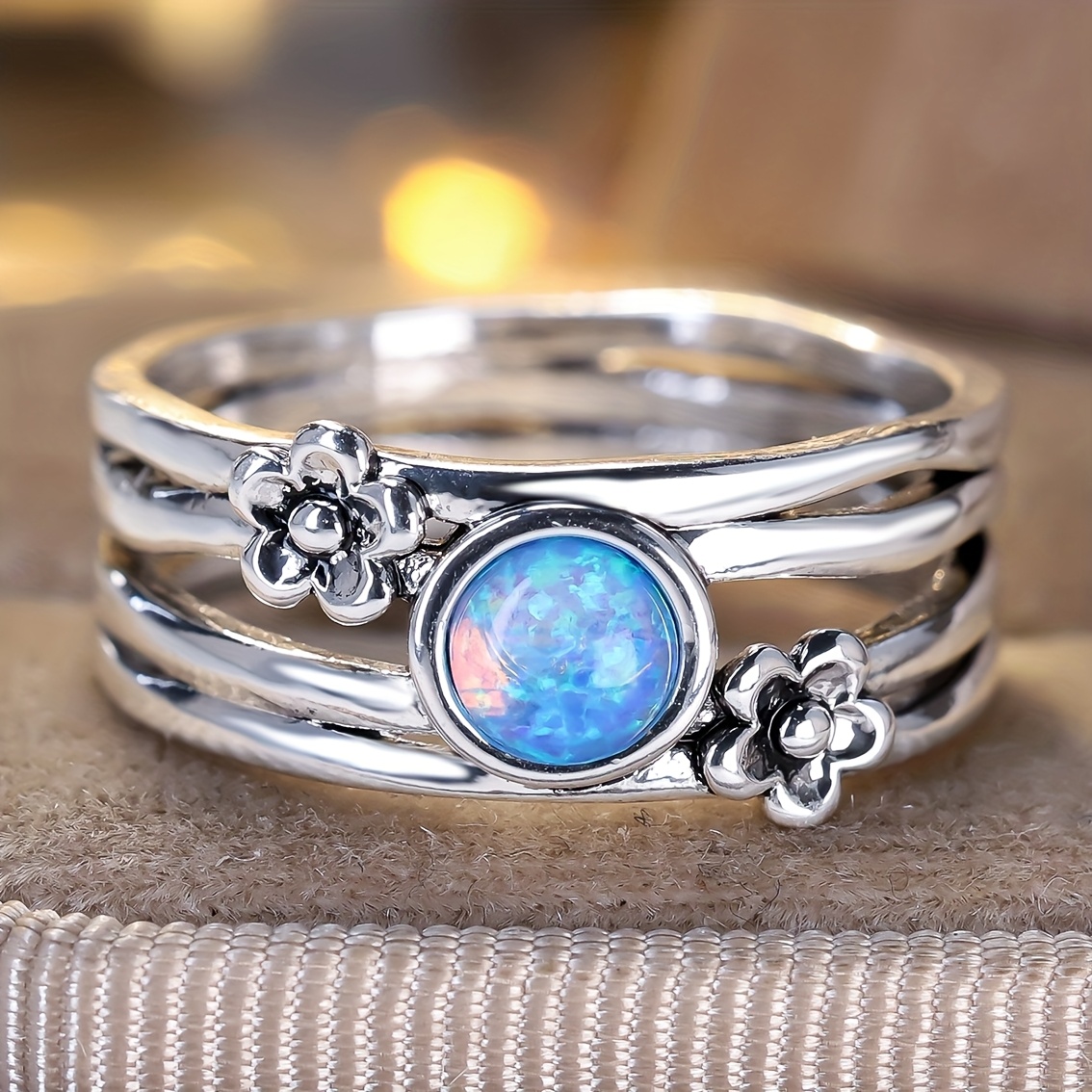 Elegant Blue Synthetic Opal Ring for Parties and Weddings